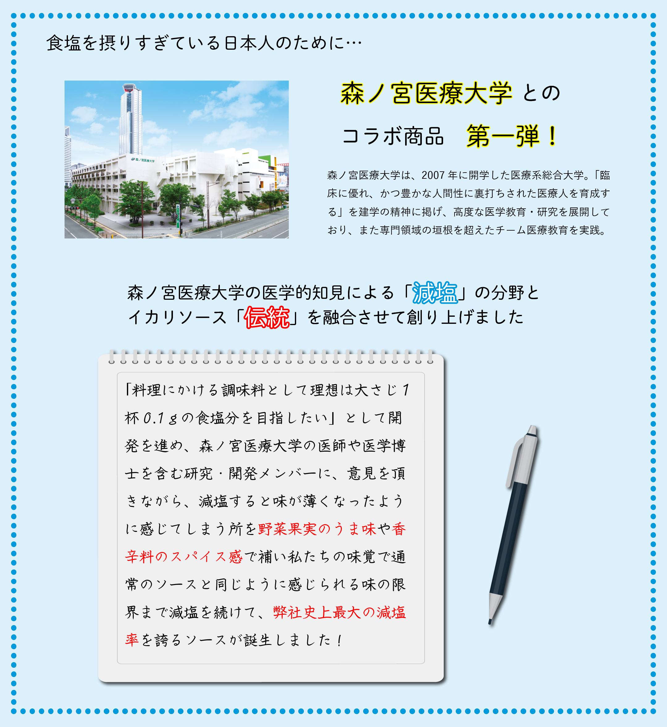 日本人は食塩分を取り過ぎていた！食塩摂取目標量と1日の平均食塩摂取量の比較：男性は3.4g多い、女性は2.8g多い。森ノ宮医療大学の医学的知見による「減塩」の分野とイカリソース「伝統」を融合させて作り上げました