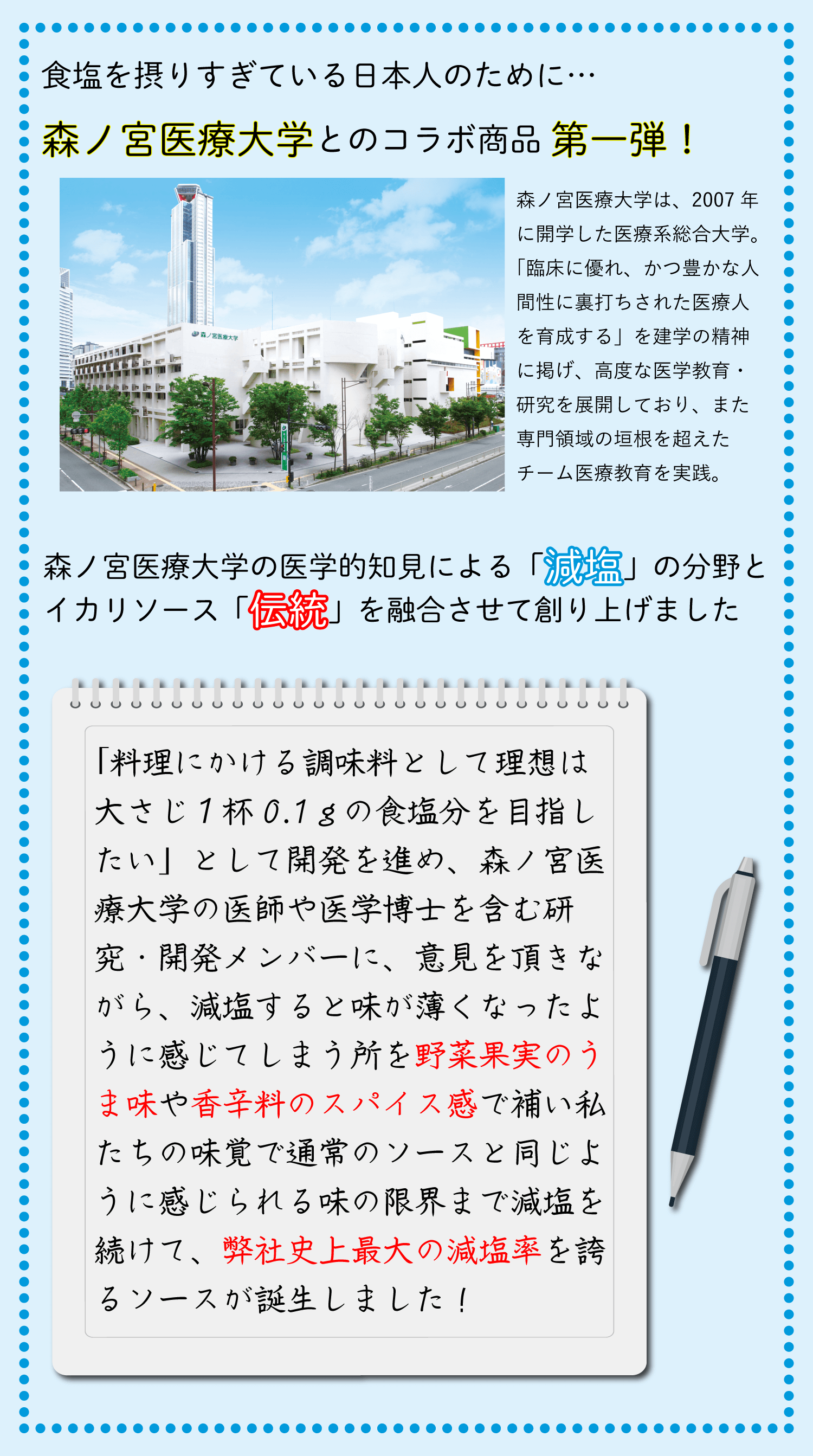 日本人は食塩分を取り過ぎていた！食塩摂取目標量と1日の平均食塩摂取量の比較：男性は3.4g多い、女性は2.8g多い。森ノ宮医療大学の医学的知見による「減塩」の分野とイカリソース「伝統」を融合させて作り上げました