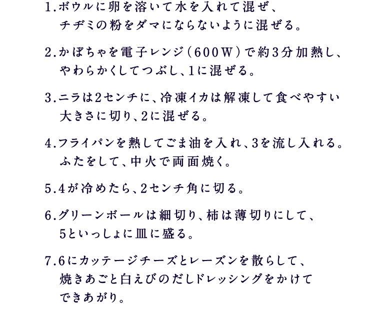 1.ボウルに卵を溶いて水を入れて混ぜ、　チヂミの粉をダマにならないように混ぜる。2.かぼちゃを電子レンジ（600W）で約3分加熱し、　やわらかくしてつぶし、1に混ぜる。3.ニラは2センチに、冷凍イカは解凍して食べやすい　大きさに切り、2に混ぜる。4.フライパンを熱してごま油を入れ、3を流し入れる。　ふたをして、中火で両面焼く。5.4が冷めたら、2センチ角に切る。6.グリーンボールは細切り、柿は薄切りにして、　5といっしょに皿に盛る。7.6にカッテージチーズとレーズンを散らして、　焼きあごと白えびのだしドレッシングをかけて　できあがり。
