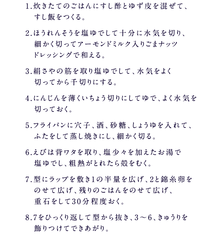 1.炊きたてのごはんにすし酢とゆず皮を混ぜて、すし飯をつくる。2.ほうれんそうを塩ゆでして十分に水気を切り、細かく切ってアーモンドミルク入りごまナッツドレッシングで和える。3.絹さやの筋を取り塩ゆでして、水気をよく切ってから千切りにする。4.にんじんを薄くいちょう切りにしてゆで、よく水気を切っておく。5.フライパンに穴子、酒、砂糖、しょうゆを入れて、ふたをして蒸し焼きにし、細かく切る。6.えびは背ワタを取り、塩少々を加えたお湯で塩ゆでし、粗熱がとれたら殻をむく。7.型にラップを敷き1 の半量を広げ、2と錦糸卵を　のせて広げ、残りのごはんをのせて広げ、重石をして30分程度おく。8.7をひっくり返して型から抜き、3～6、きゅうりを飾りつけてできあがり。