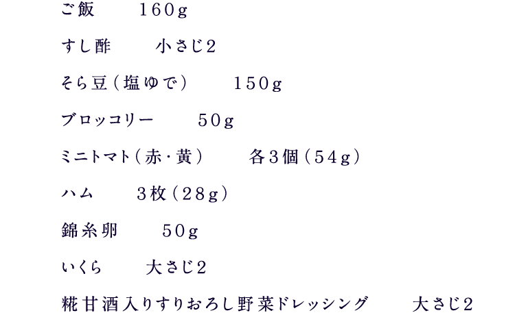 ご飯 １６０ｇすし酢 小さじ２そら豆（塩ゆで） １５０ｇブロッコリー ５０ｇミニトマト（赤・黄） 各３個（５４ｇ）ハム ３枚（２８ｇ）錦糸卵 ５０ｇいくら 大さじ２糀甘酒入り5種の野菜果実ドレッシング 大さじ２