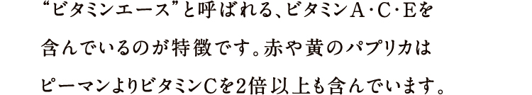 “ビタミンエース”と呼ばれる、ビタミンA・C・Eを含んでいるのが特徴です。赤や黄のパプリカはピーマンよりビタミンCを2倍以上も含んでいます。